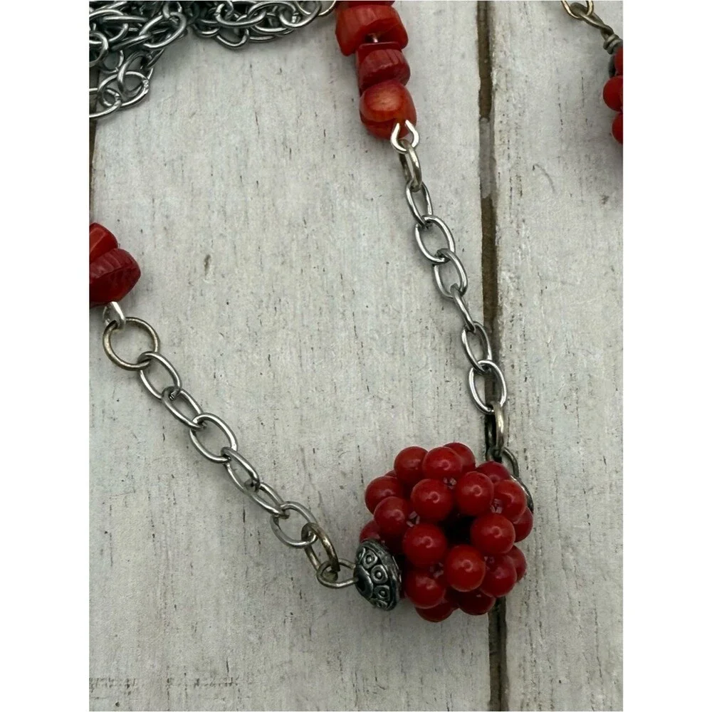 Red coral Bead Cluster Necklace and Earrings Set